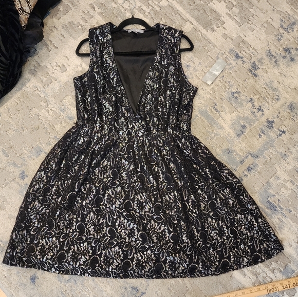 NWT NY Collection Silver Metallic Black Lace Stretch Sleeveless Mini Dress XL - Picture 7 of 16